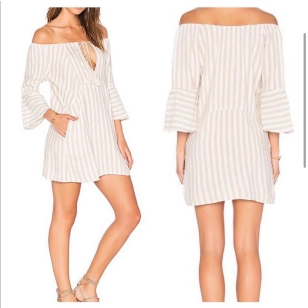Free People Womens Folk Town Mini linen Dress M tan striped - Picture 3 of 3